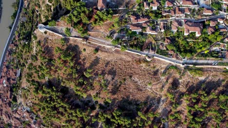 Top-down-aerial-of-Berat-castle-in-Albania,-ancient-touristic-place