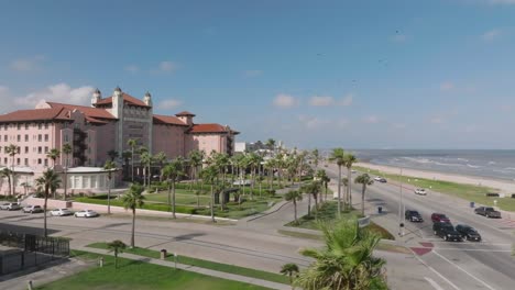 Aerial-drone-view-of-the-Grand-Galvez-Hotel-on-Seawall-Blvd-in-Galveston-Island-Texas
