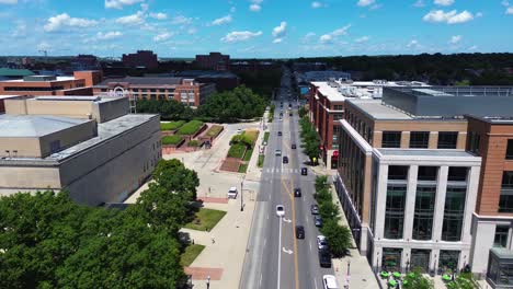 High-street-at-15th-avenue-on-the-Ohio-State-University-campus,-Columbus,-Ohio,-looking-north---aerial-drone