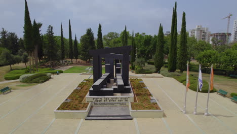 Monument-is-built-with-iron-sources-to-commemorate-the-gates-of-the-extermination-camps-of-the-Nazis---Rishon-Lezion,-Israel