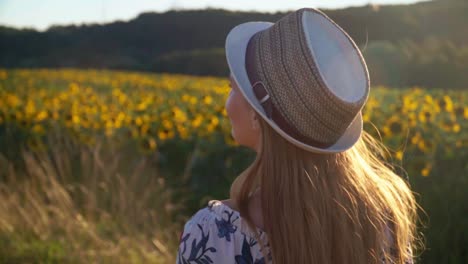 Stunning-video-of-a-young-caucasian-female-in-a-white-dress-with-a-hat-walking-next-to-a-sunflower-field