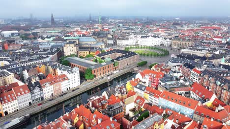 Beautiful-aerial-view-of-King's-New-Square-in-historic-old-town-Copenhagen,-Denmark