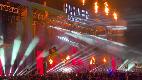 Strobe-Lights,-Stage-Display-Screens-and-Fire-Flames-During-DJ-Performance-on-Hard-Summer-Music-Festival-in-Los-Angeles-CA-USA