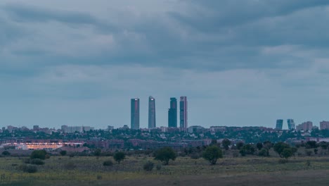 Timelapse-cloudy-and-stormy-sky-in-Madrid-skyline-during-sunset