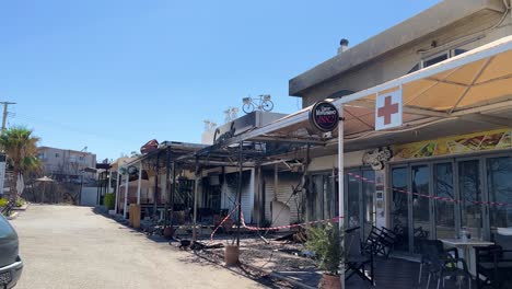 Burned-down-business-from-the-wildfire-in-Rhodes,-Greece-in-the-town-of-Lindos-close-to-Archangelos,-Masari,-Agathi,-Malonas,-Lardos,-Kalathos,-Asklepieion