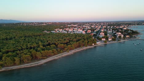 Aerial-view-over-pristine-pine-tree-forest-and-village-Vrsi-Mulo,-in-Zadar-region-Croatia-in-summer-evening-light