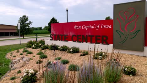 Welcome-to-State-Center,-Iowa-sign-with-gimbal-video-panning-left-to-right