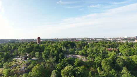 Museo-De-Historia-De-Skansen-Y-Edificios-Tradicionales-En-La-Isla-Boscosa,-Estocolmo,-Suecia