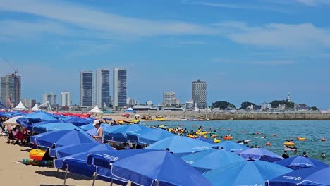 Blaue-Sonnenschirme-Am-Strand-Von-Sokcho-Mit-Menschen,-Die-Während-Der-Sommerferien-In-Südkorea-Im-Meer-Schwimmen