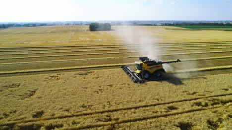 Toma-De-Seguimiento-De-Drones-Junto-A-Una-Cosechadora-Cosechando-Un-Campo-De-Canola-Seca