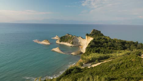 Amazing-Cape-Drastis-in-Corfu,-Greece-Revealed-by-Rising-Drone