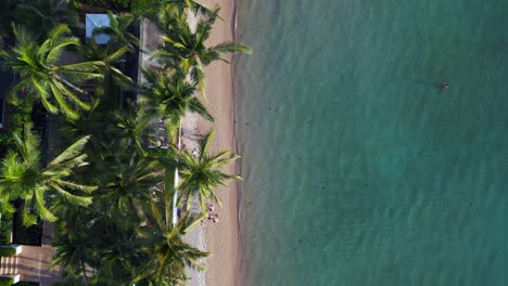 Stunning-aerial-top-view-flight-Beach-Village-Huts-Resort,-tropical-Bungalows-on-Mountainous-Island-Thailand-2022