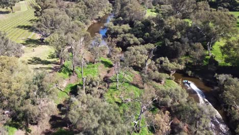 Drone-Sigue-La-Toma-De-Una-Lancha-Motora-Azul-Corriendo-A-Lo-Largo-De-Un-Río-Sinuoso---Avon-Descent,-Perth