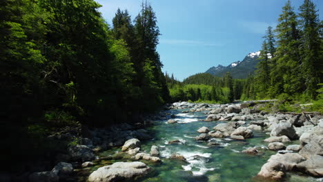 Serene-River-Journey:-Majestic-Pine-Forest,-Snow-Capped-Mountain,-and-Flowing-Waters-in-Vancouver-Island,-BC