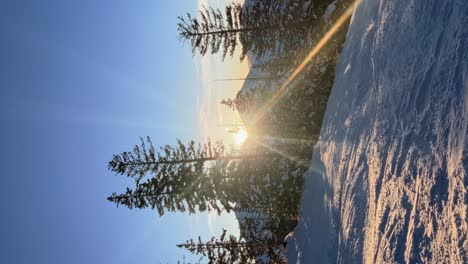 Vertikale-Winterlandschaftsszene-Eines-Weges-In-Einem-Skigebiet-In-Den-Rocky-Mountains-In-Utah-Mit-Vorbeifahrenden-Skifahrern-Während-Eines-Hellen,-Farbenfrohen-Sonnenuntergangs,-Der-An-Einem-Frühlingstag-Durch-Schneebedeckte-Kiefern-Führt
