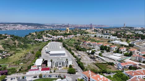 Drone-shot-from-south-of-the-Tejo-River-in-Lisbon,-Portugal