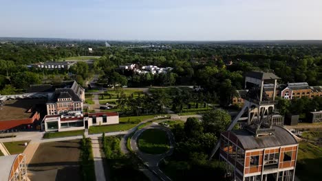 Towers-of-old-mining-shaft-in-Belgium,-aerial-drone-view