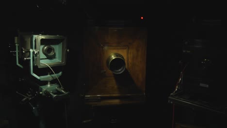 exhibition-of-old-photographic-cameras,-showcasing-the-evolution-of-photography-technology-over-time-Inside-National-Technical-Museum-in-Prague,-Czech-Republic