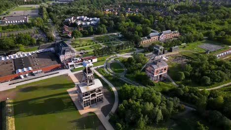 Old-mining-shaft-complex-in-Genk,-Belgium,-aerial-drone-view