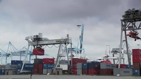 Shipping-container-terminal-view-showcasing-cranes-in-blue-and-white,-colorful-containers-in-a-stacked-arrangement-on-concrete-ground,-under-cloudy-skies