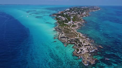 Static-aerial-view-of-Isla-Mujeres-from-Punta-Sur-at-midday