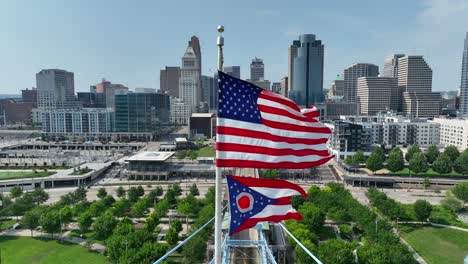 Cincinnati-skyline-with-American-and-Ohio-flags-waving-on-John-A