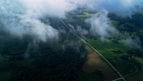 Eastern-Europe-landscape-view-from-above-clouds,-aerial-drone-view