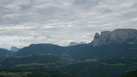 Handheld-static-view-of-shaded-mountain-scape-with-storm-clouds-above