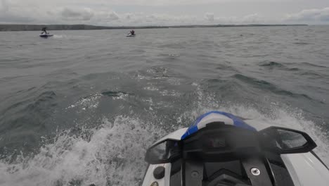 POV-shot-of-jet-skis-regrouping-off-the-coast-of-Newquay-for-a-break