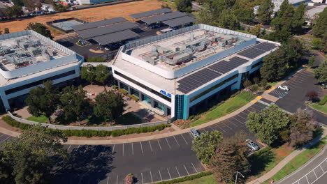 Aerial-view-circling-ASUS-computer-international-office-exterior-in-Fremont,-California
