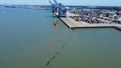 Aerial-Drone-View-of-Harwich-Harbour-with-Majestic-Container-Cranes-on-the-Empty-Dock