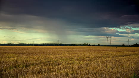 Rain-clouds-moving-over-a-golden-farmfield---Timelapse