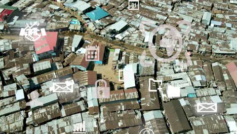 Birdseye-aerial-view-of-Kibera-slum,-tedchnology-concept-of-shanty-poor-neighborhood-of-Nairobi,-Kenya