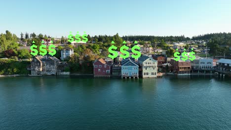Aerial-view-of-waterfront-housing-with-rising-house-price-animations-above-the-buildings