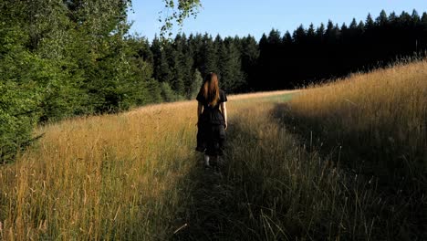 Shot-of-young-female-wearing-black-dress-walking-away-on-a-path-through-a-field-on-the-outskirts-of-a-forest-during-morning-time