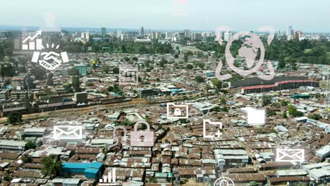 Birdseye-aerial-view-of-Kibera-slum,-tedchnology-concept-of-shanty-poor-neighborhood-of-Nairobi,-Kenya