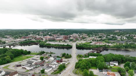 Aerial-view-of-Bangor,-Maine-with-the-Penobscot-River-passing-through-town