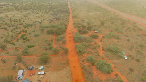 Finke-Desert-Race-Drone-Flyover-Four-Wheel-Off-Road-Buggy-Racing-On-Dirt-Track-In-Outback-Australia,-4K