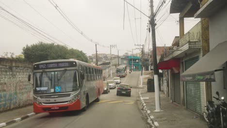 Pov-drive-on-destroyed-city-of-Sao-Paulo-with-traffic-during-misty-day-in-Brazil---slow-motion