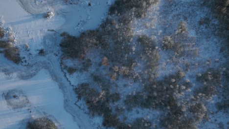 Vista-Aérea-De-Un-Paisaje-Cubierto-De-Nieve-Con-Tierra,-Agua-Y-árboles-Que-Crean-Texturas-Y-Formas-Interesantes