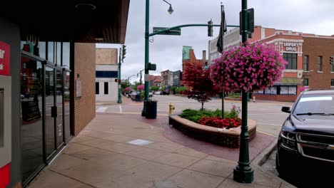 Downtown-Elkhart,-Indiana-with-gimbal-video-walking-forward