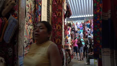 Toma-En-Cámara-Lenta-Que-Muestra-A-Una-Mujer-Caminando-Por-Un-Callejón-Dentro-De-Un-Mercado-Mexicano.