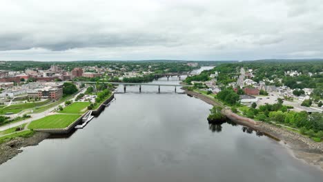 Aerial-view-over-the-Penobscot-River-flying-towards-a-bridge