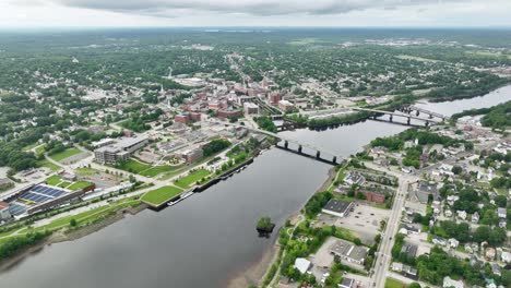 Wide-aerial-view-of-the-Penobscot-River-cutting-through-Bangor,-Maine