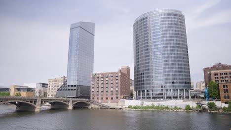 Large-high-rise-buildings-on-the-river-front-in-downtown-Grand-Rapids,-Michigan