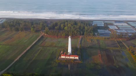 Orbit-drone-shot-of-white-lighthouse-building-on-the-beach-surrounded-by-plantation
