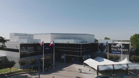 Aerial-drone-view-of-Independence-Plaza-Visitors-Center-at-Space-Center-Houston-in-Houston-Texas