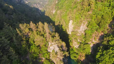 Volando-Sobre-El-Valle-Del-Río-Con-Escarpadas-Montañas-Forestales-Durante-El-Día-Soleado-En-El-Líbano
