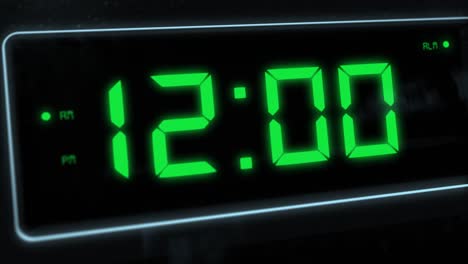 High-quality-CGI-render-of-a-digital-alarm-clock,-with-glowing-green-numbers,-ticking-over-from-11