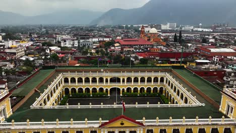Aerial-view-over-the-Palacio-municipal-de-Orizaba,-cloudy-day-in-Veracruz,-Mexico